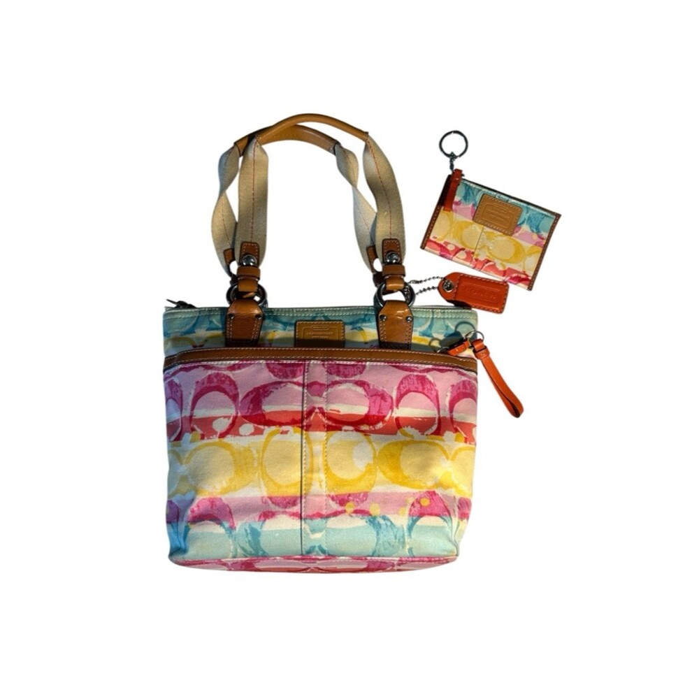 Coach Hampton Multicolor Signature Canvas Tote Bag 11755  Matching Coin Purse